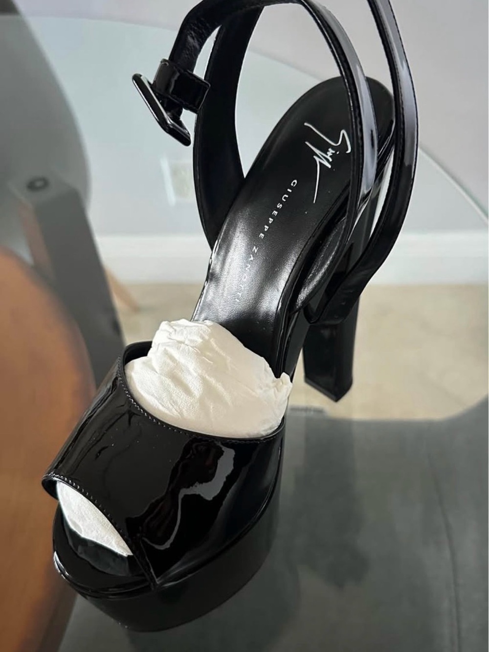Giuseppe Zanotti Black Patent Platform Sandals with Ankle Strap
